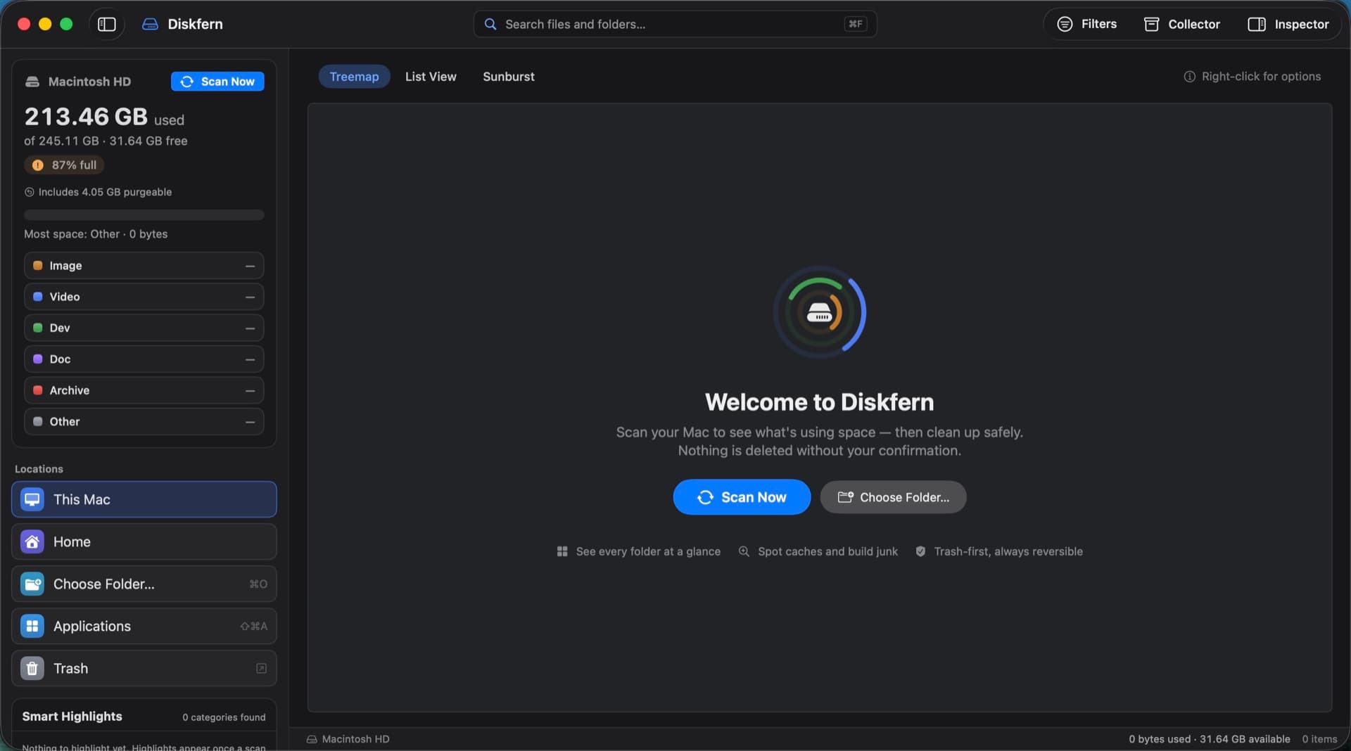 Diskfern welcome screen with Scan Now and Choose Folder buttons